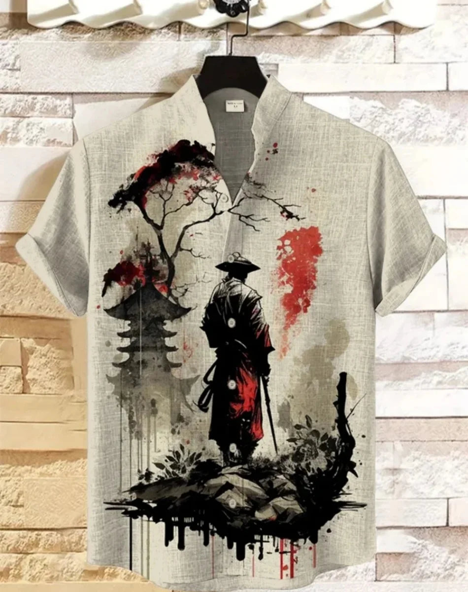 Camisa havaiana samurai masculina casual manga curta top roupas soltas moda retrô camisa de verão