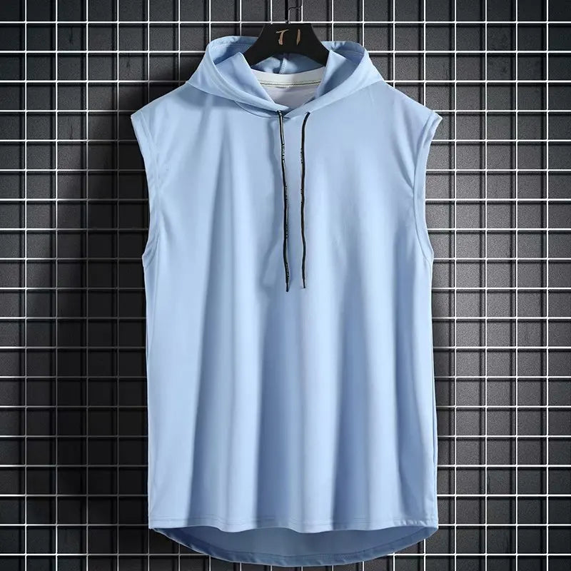 Cor sólida 2023 marca nova regata masculina colete sem mangas camisetas para masculino com capuz homem coletes topos hip hop regata masculina t camisa