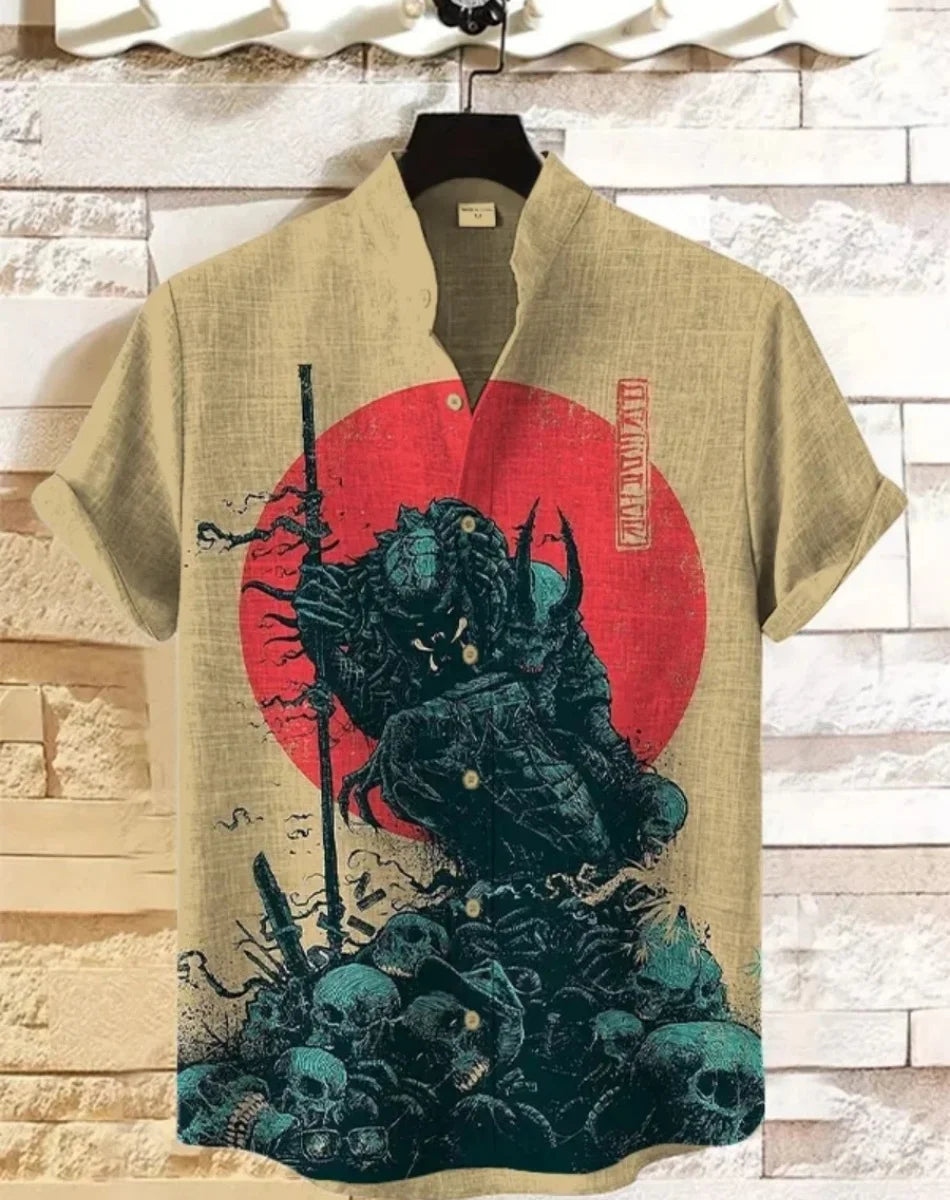 Camisa havaiana samurai masculina casual manga curta top roupas soltas moda retrô camisa de verão