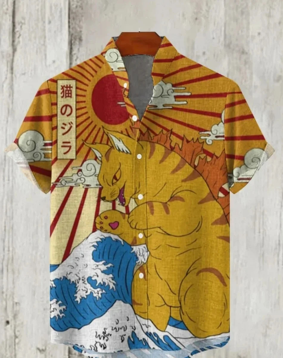 Camisa havaiana samurai masculina casual manga curta top roupas soltas moda retrô camisa de verão