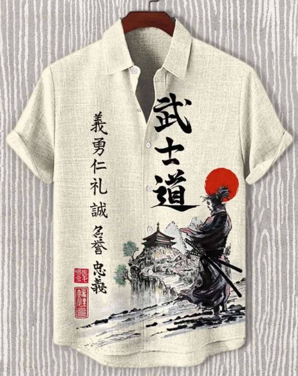 Camisa havaiana samurai masculina casual manga curta top roupas soltas moda retrô camisa de verão