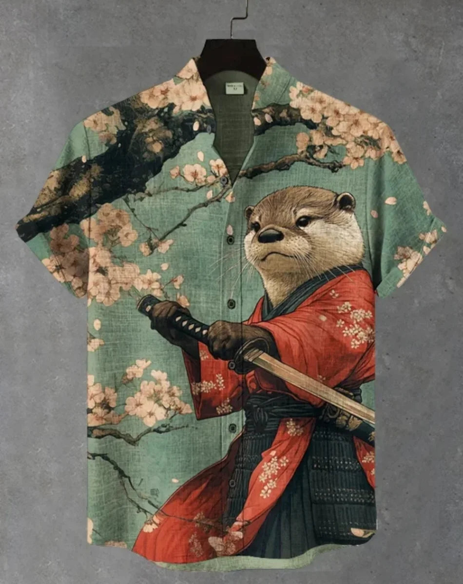 Camisa havaiana samurai masculina casual manga curta top roupas soltas moda retrô camisa de verão