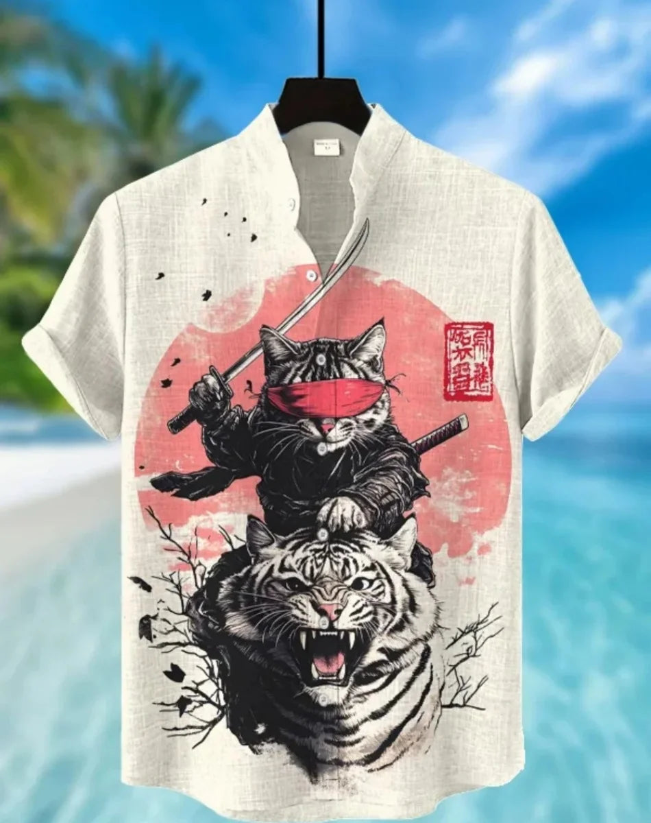 Camisa havaiana samurai masculina casual manga curta top roupas soltas moda retrô camisa de verão