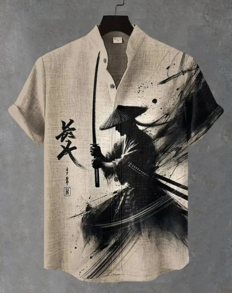 Camisa havaiana samurai masculina casual manga curta top roupas soltas moda retrô camisa de verão