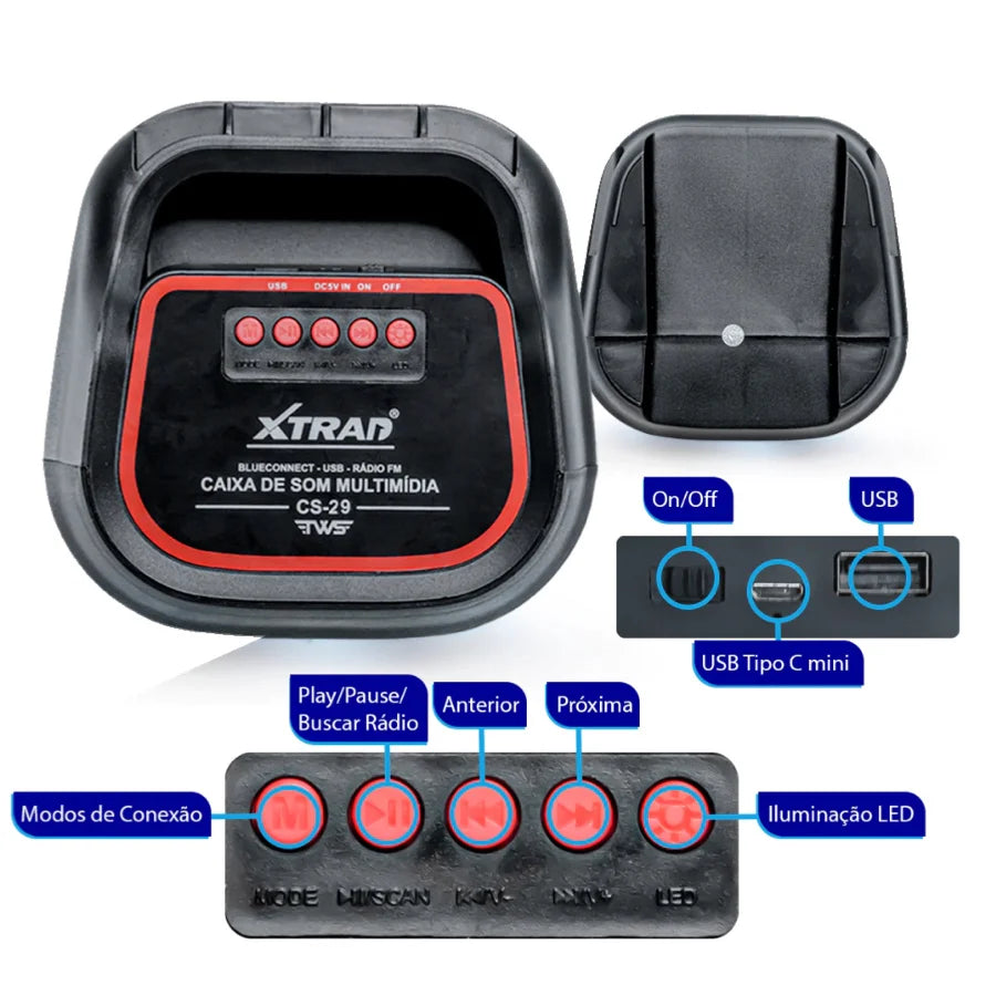 Caixa de som Bluetooth Portátil AltoFalante LED RGB, FM, USB, TWS, 30W