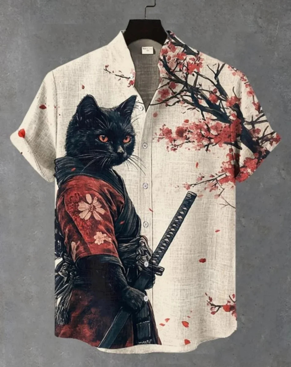 Camisa havaiana samurai masculina casual manga curta top roupas soltas moda retrô camisa de verão