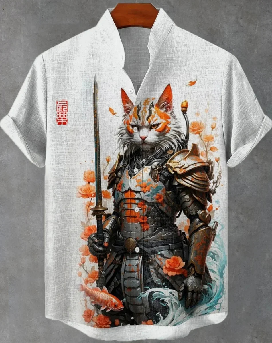 Camisa havaiana samurai masculina casual manga curta top roupas soltas moda retrô camisa de verão