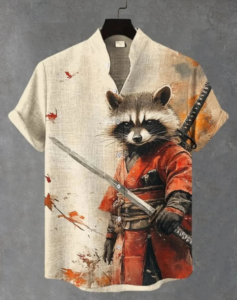 Camisa havaiana samurai masculina casual manga curta top roupas soltas moda retrô camisa de verão