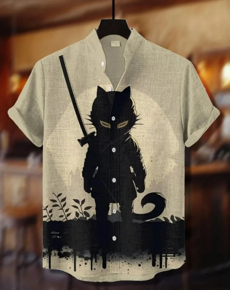 Camisa havaiana samurai masculina casual manga curta top roupas soltas moda retrô camisa de verão