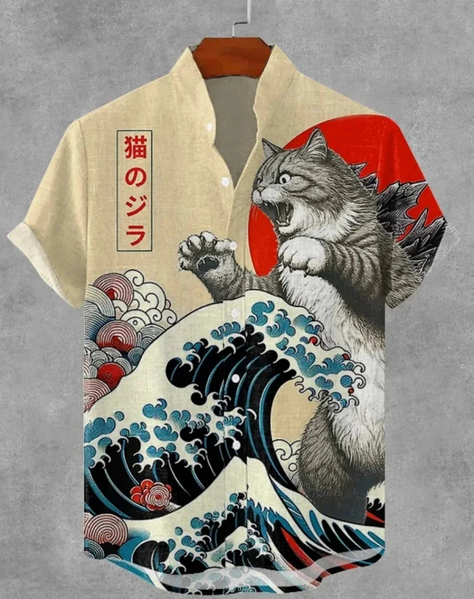 Camisa havaiana samurai masculina casual manga curta top roupas soltas moda retrô camisa de verão