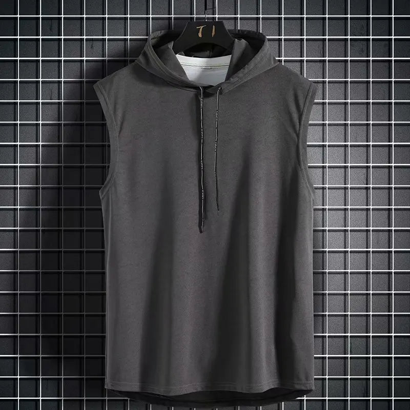 Cor sólida 2023 marca nova regata masculina colete sem mangas camisetas para masculino com capuz homem coletes topos hip hop regata masculina t camisa