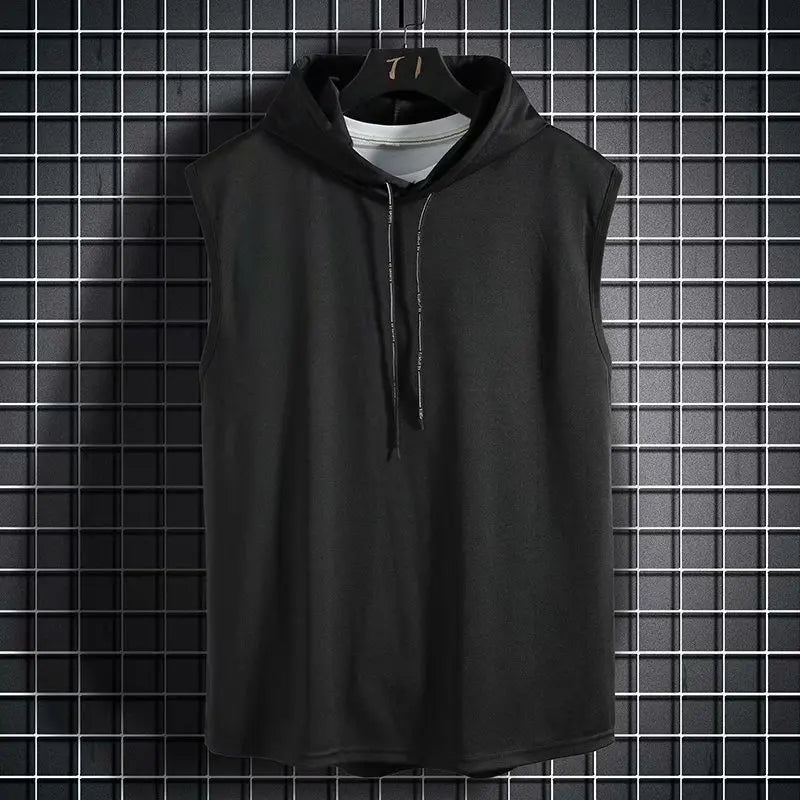 Cor sólida 2023 marca nova regata masculina colete sem mangas camisetas para masculino com capuz homem coletes topos hip hop regata masculina t camisa