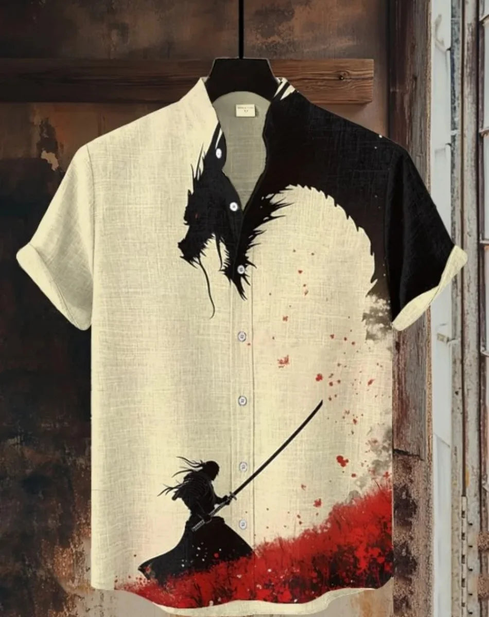 Camisa havaiana samurai masculina casual manga curta top roupas soltas moda retrô camisa de verão