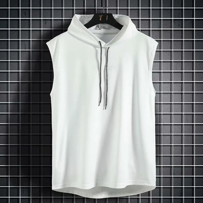 Cor sólida 2023 marca nova regata masculina colete sem mangas camisetas para masculino com capuz homem coletes topos hip hop regata masculina t camisa