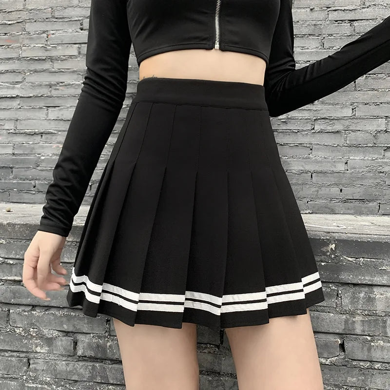 Estilo coreano do vintage retalhos saia harajuku jk preto saias plissadas gótico streetwear cintura alta mini saia feminina punk saia