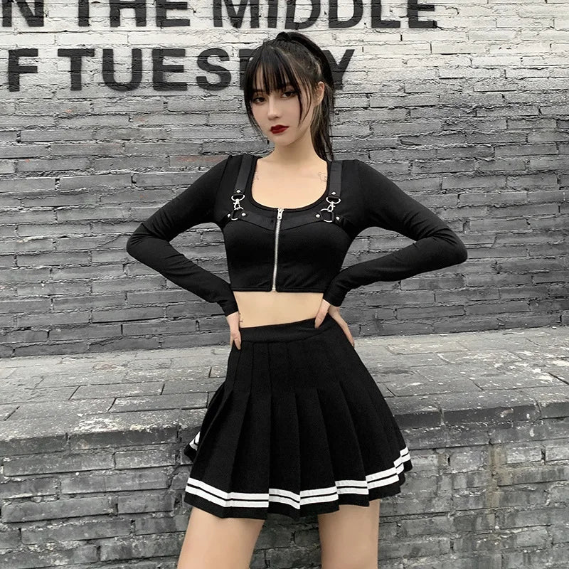 Estilo coreano do vintage retalhos saia harajuku jk preto saias plissadas gótico streetwear cintura alta mini saia feminina punk saia