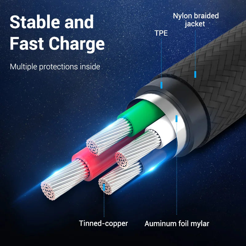 Vention-micro usb 3a cabo de nylon, carregador rápido, tipo c, download de dados, para samsung, xiaomi, lg, android