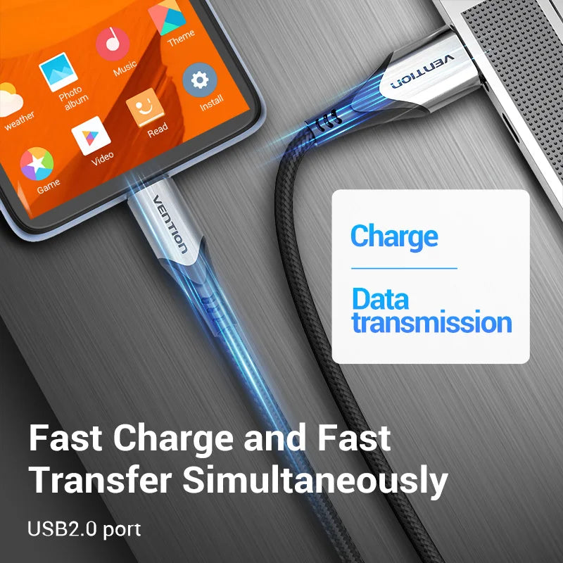 Vention-micro usb 3a cabo de nylon, carregador rápido, tipo c, download de dados, para samsung, xiaomi, lg, android