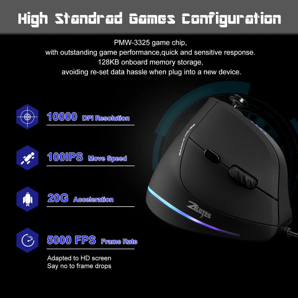 Zelotes c18 mouse com fio vertical ergonômico mouse rgb joysticks programáveis laser gaming ratos 10000 dpi para computador pc gamer