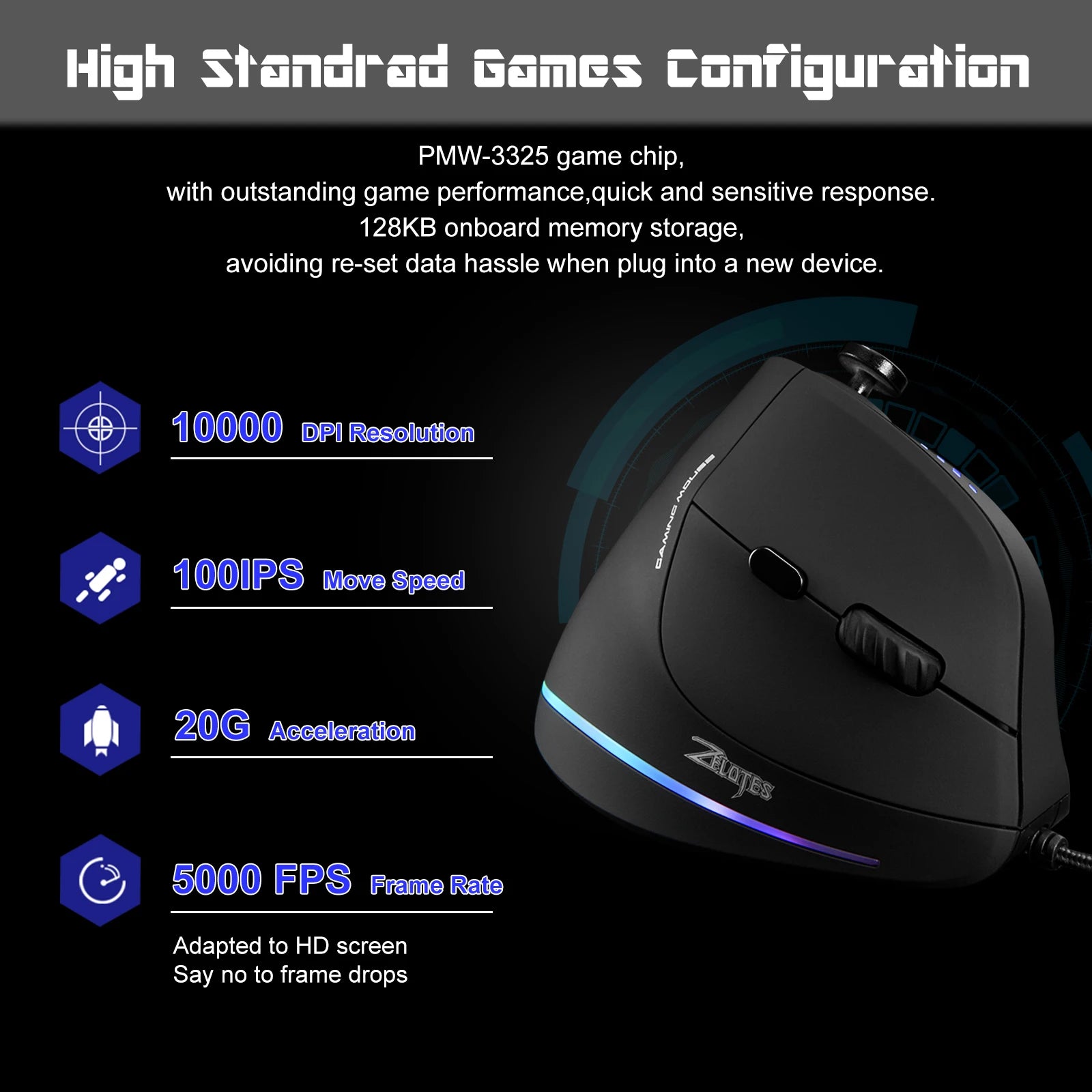 Zelotes c18 mouse com fio vertical ergonômico mouse rgb joysticks programáveis laser gaming ratos 10000 dpi para computador pc gamer