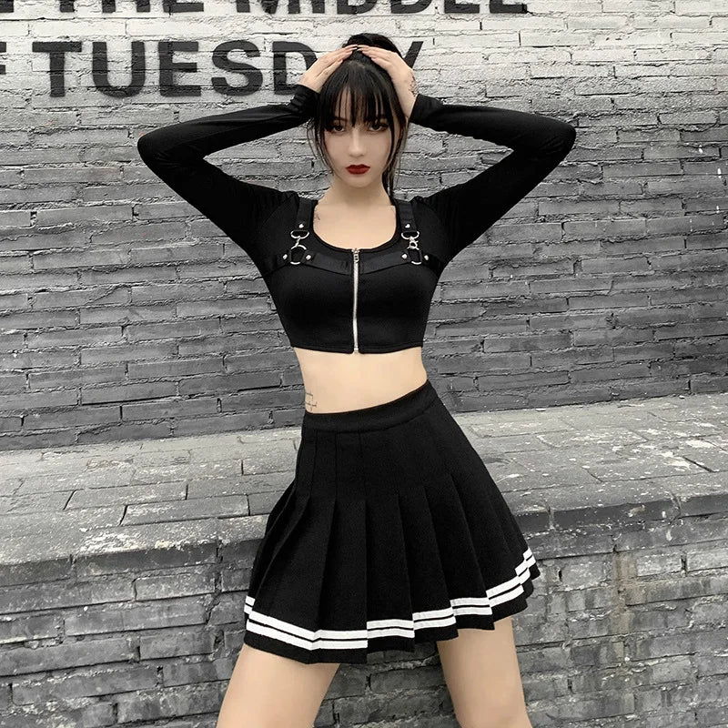 Estilo coreano do vintage retalhos saia harajuku jk preto saias plissadas gótico streetwear cintura alta mini saia feminina punk saia