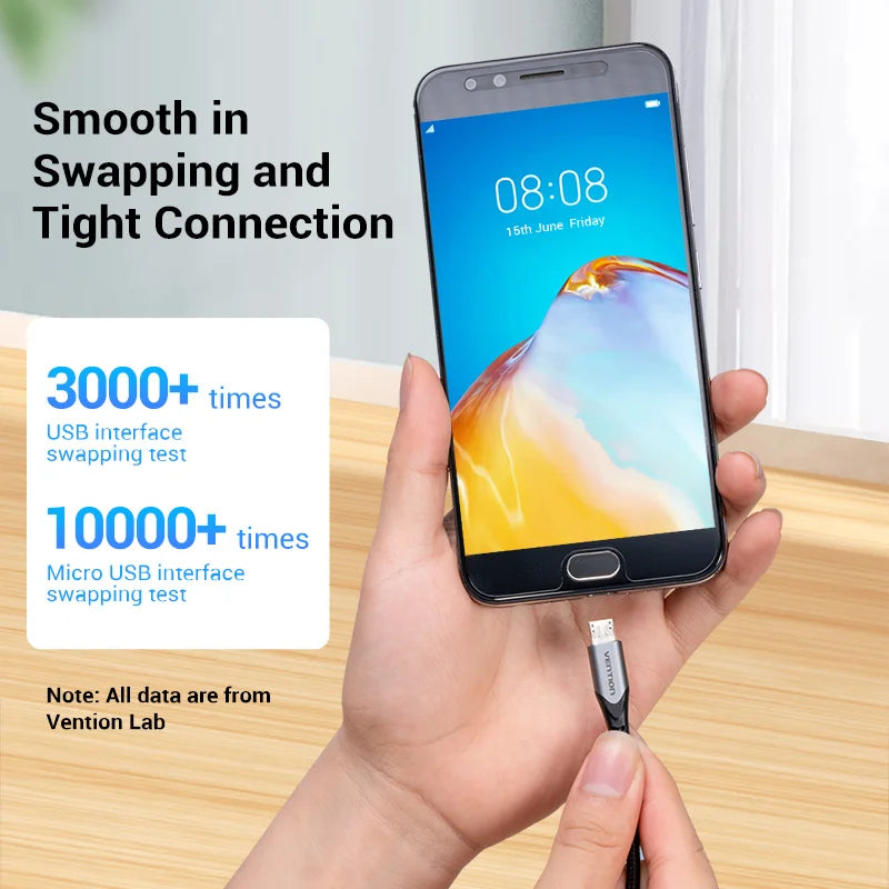 Vention-micro usb 3a cabo de nylon, carregador rápido, tipo c, download de dados, para samsung, xiaomi, lg, android