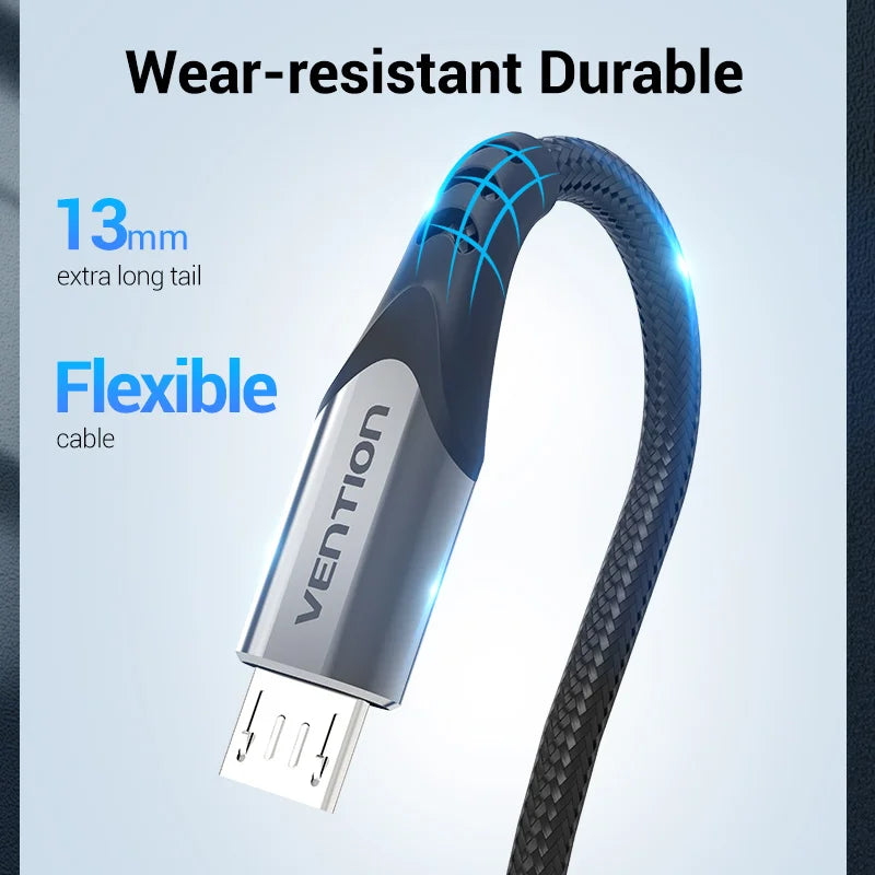 Vention-micro usb 3a cabo de nylon, carregador rápido, tipo c, download de dados, para samsung, xiaomi, lg, android