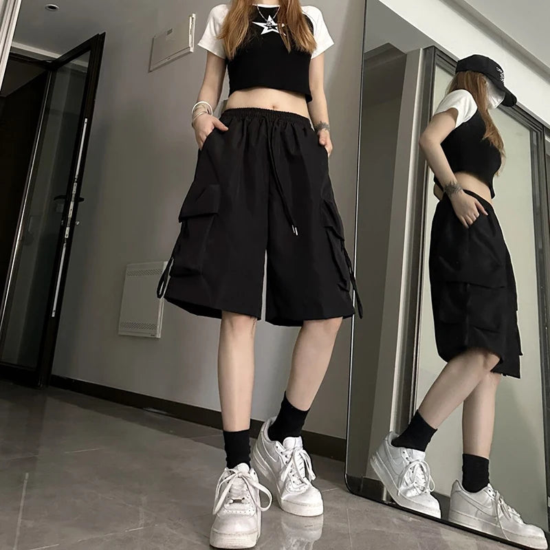 Zoki mulheres cintura alta carga shorts estilo americano streetwear verão calças de perna larga moda feminina grande bolso solto shorts novo