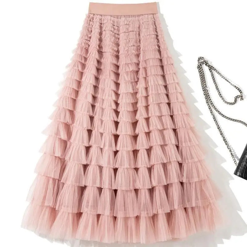 Saia de Camadas em Tule Estilo Princesa com Cintura Elástica, Vestido Longo Estilo Coreano, Saia Midi de Cintura Alta em Teci...