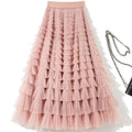 Saia de Camadas em Tule Estilo Princesa com Cintura Elástica, Vestido Longo Estilo Coreano, Saia Midi de Cintura Alta em Teci...