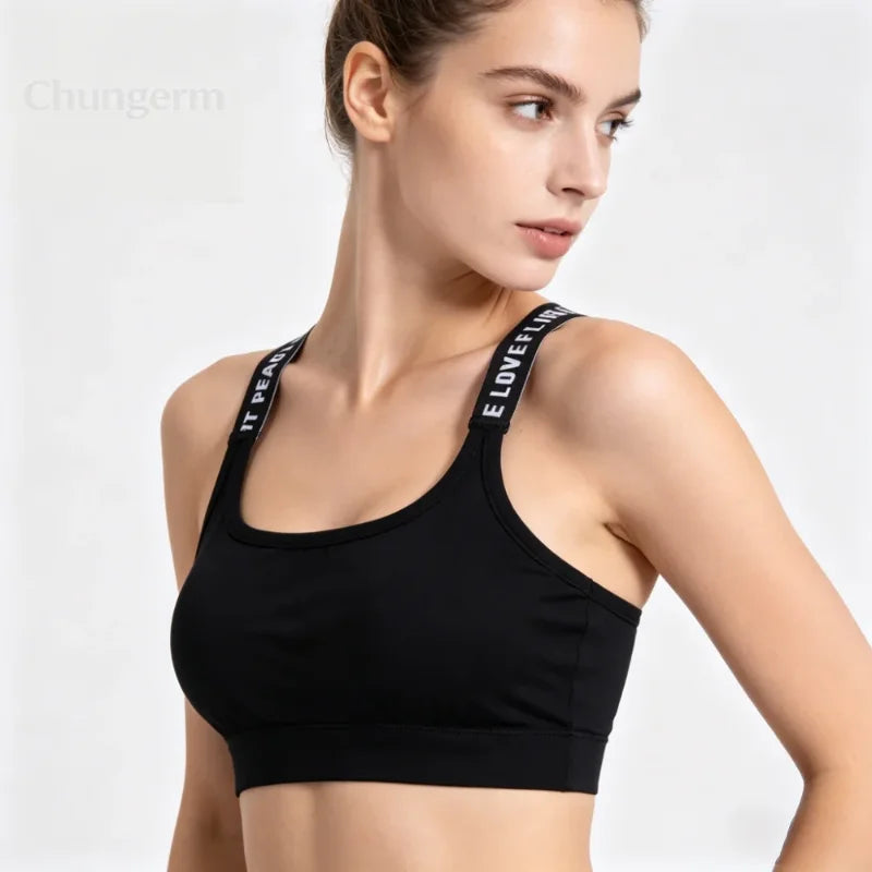 Roupa Íntima Esportiva Feminina, Top Cropped Sem Costura para Yoga e Fitness, Alças Largas com Letras, Confortável para Atividades Físicas, Sem Arame