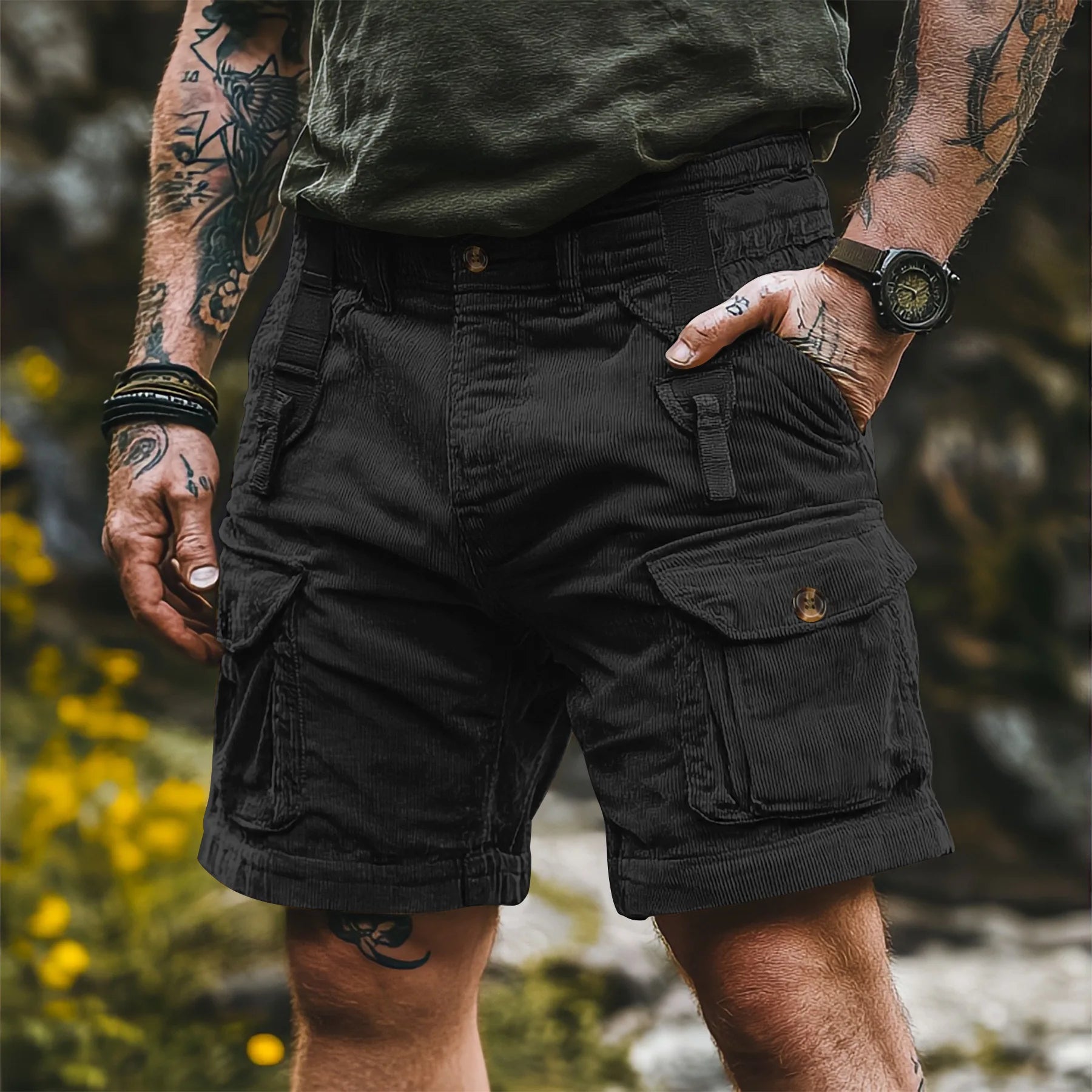 Bermudas Cargo Vintage Masculinas: Calções de Verão Modernos em Corduroy, Casuais, Cor Sólida, Esportivos e Respiráveis