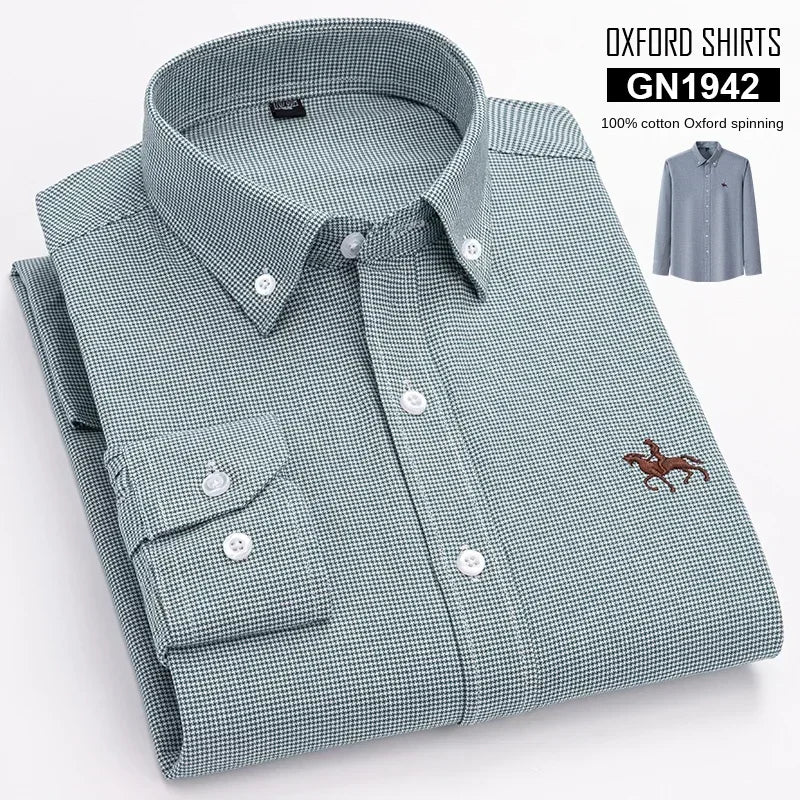 Casual puro algodão oxford camisas masculinas manga longa bordado cavalo design regular ajuste moda botão homem vestido branco camisa