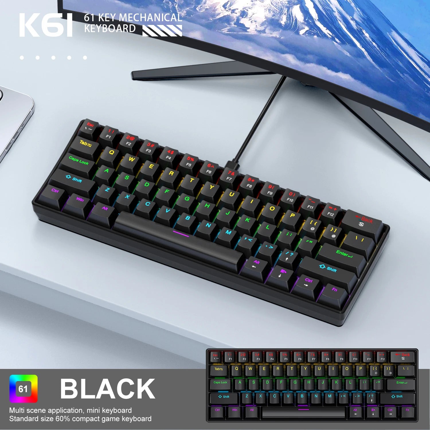 APAYADO K61 Mini teclado mecânico, com fio, 61 teclas, Phantom RGB, interruptor mecânico preto/branco vermelho/azul para jogos, 60% portátil