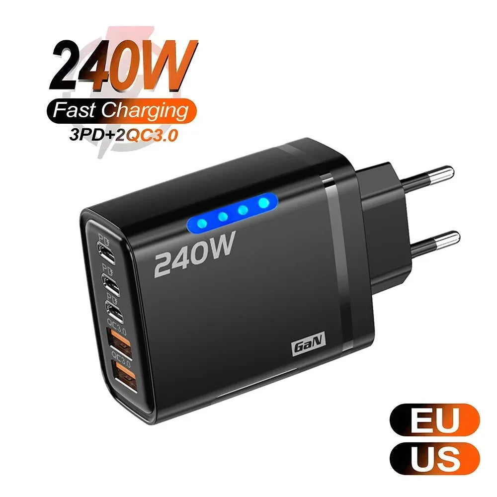 Carregador USB C GaN de 240W 5 em 1 com carregamento rápido para iPhone, Samsung, Xiaomi, Tipo C, adaptador de energia com plugue EU/US para tomada de parede.