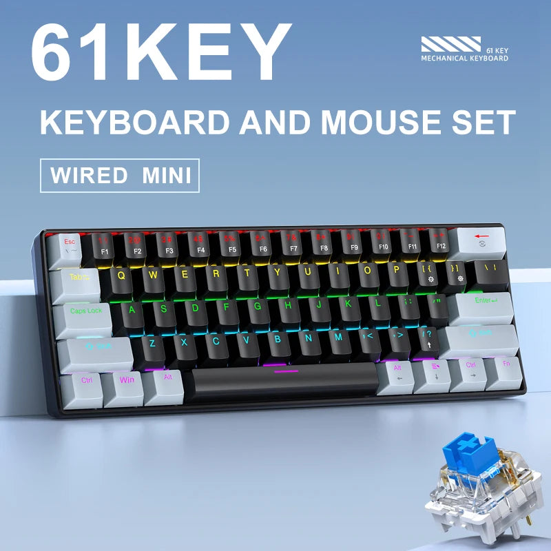 APAYADO K61 Mini teclado mecânico, com fio, 61 teclas, Phantom RGB, interruptor mecânico preto/branco vermelho/azul para jogos, 60% portátil