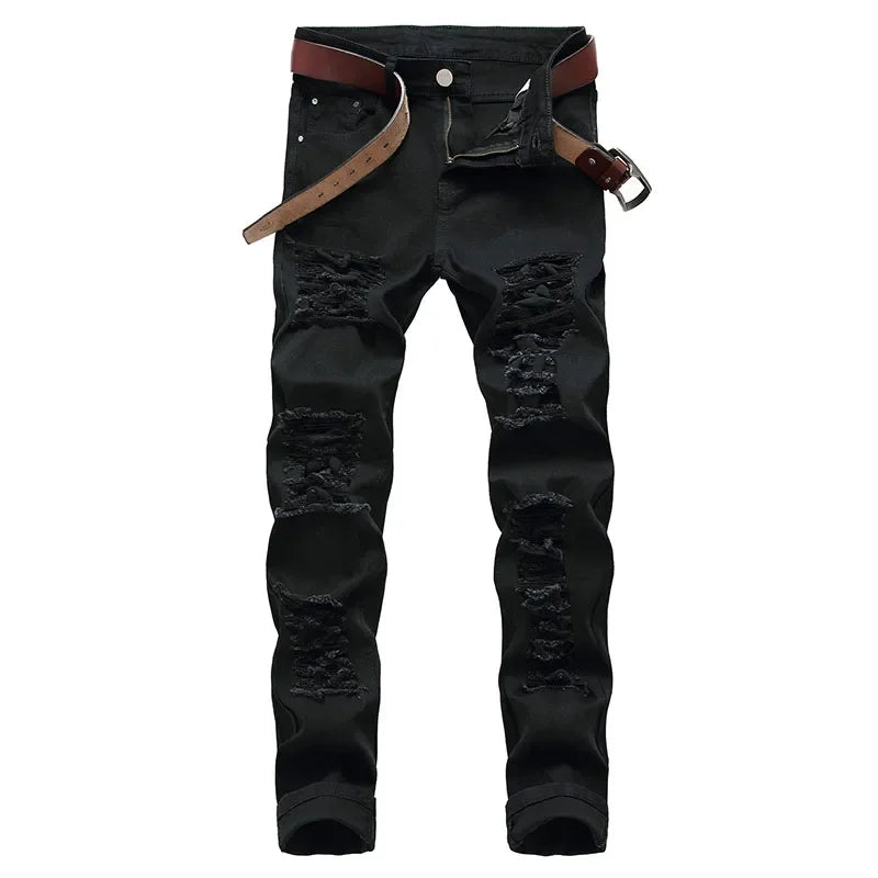 2025 Buraco Denim Calças Maré Marca dos homens Ruined Hole Jeans Sólido Slim All-match High Street Hip Hop Calças Vermelho Branco Tamanho Grande