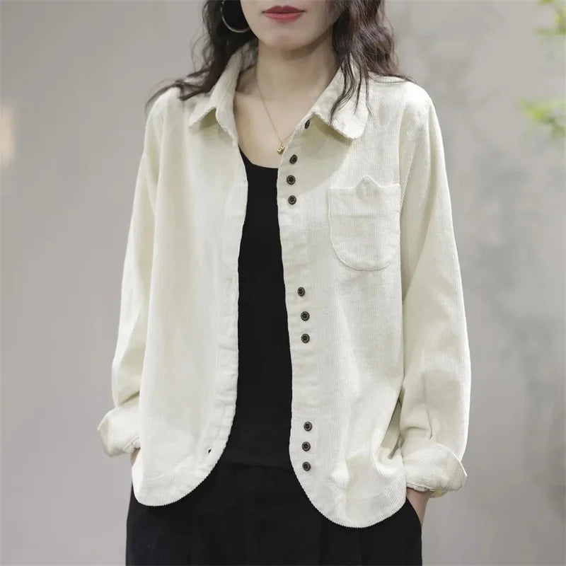 Camisa Feminina de Corduroy com Gola Lapela e Manga Longa, Estilo Cardigã Curto, Nova Coleção Primavera Outono 2026, Moda Artística e Casual
