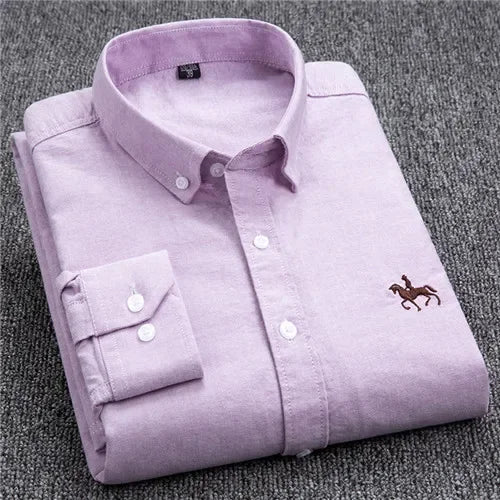 Casual puro algodão oxford camisas masculinas manga longa bordado cavalo design regular ajuste moda botão homem vestido branco camisa