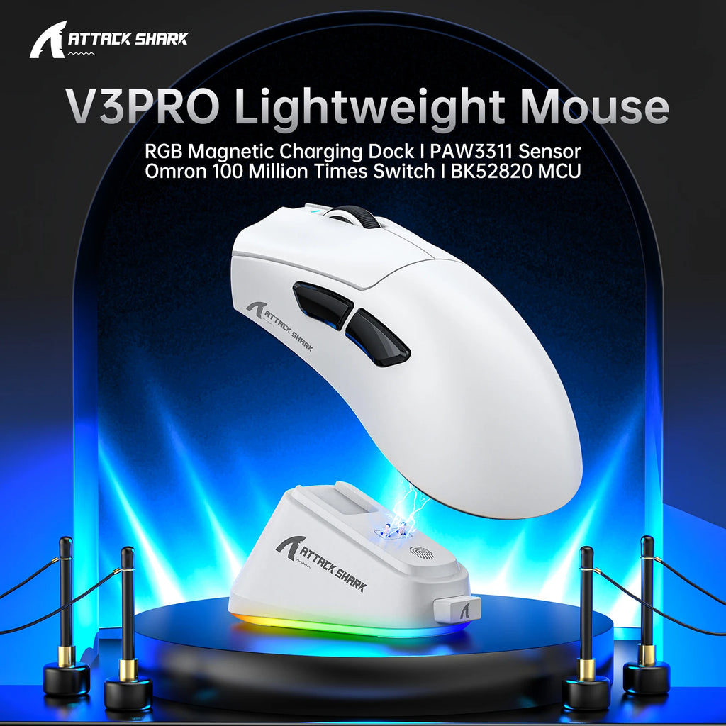 Mouse Gamer Ultra-Leve ATTACK SHARK V3PRO com Base de Carregamento, Conexão Sem Fio 2.4G/Bluetooth/Com Fio, 25000DPI, Taxa de Polling de 1000hz