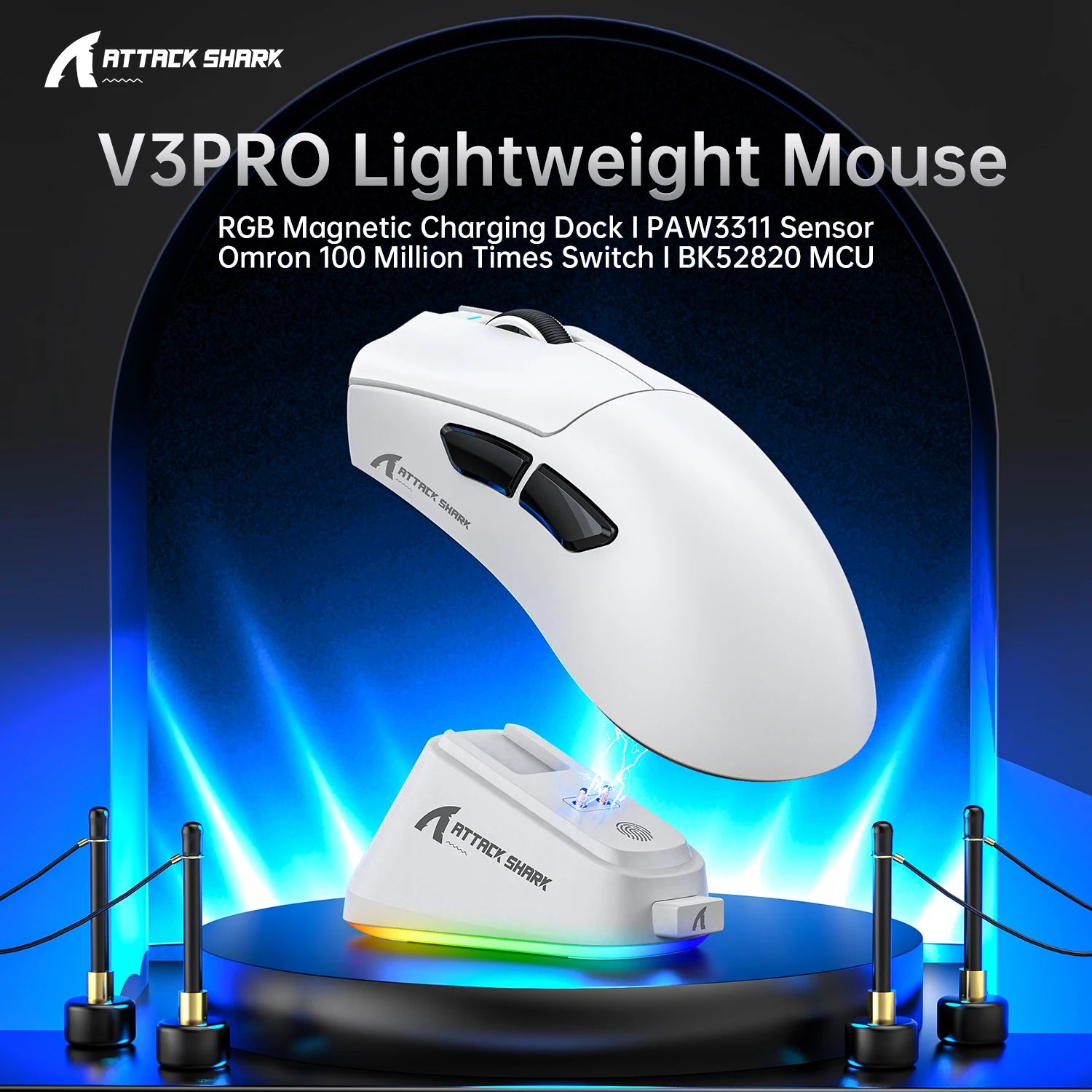Mouse Gamer Ultra-Leve ATTACK SHARK V3PRO com Base de Carregamento, Conexão Sem Fio 2.4G/Bluetooth/Com Fio, 25000DPI, Taxa de Polling de 1000hz