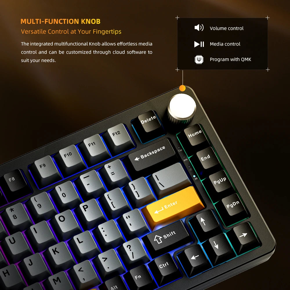 Machenike K600-B82W Teclado Mecânico Tri-Modes Junta Montada 75% ANSI Layout RGB Retroiluminado Teclado para Jogos Sem Fio