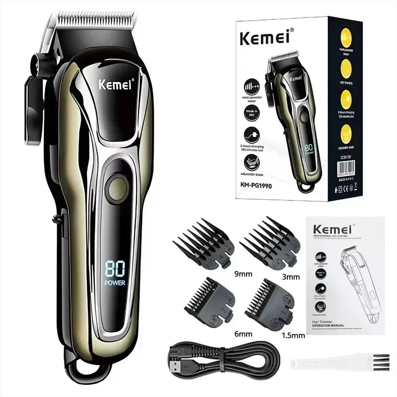 Kemei pg1990a máquina de cortar cabelo recarregável ou pentes limite profissional sem fio aparador de cabelo masculino máquina de corte de cabelo barbeiro