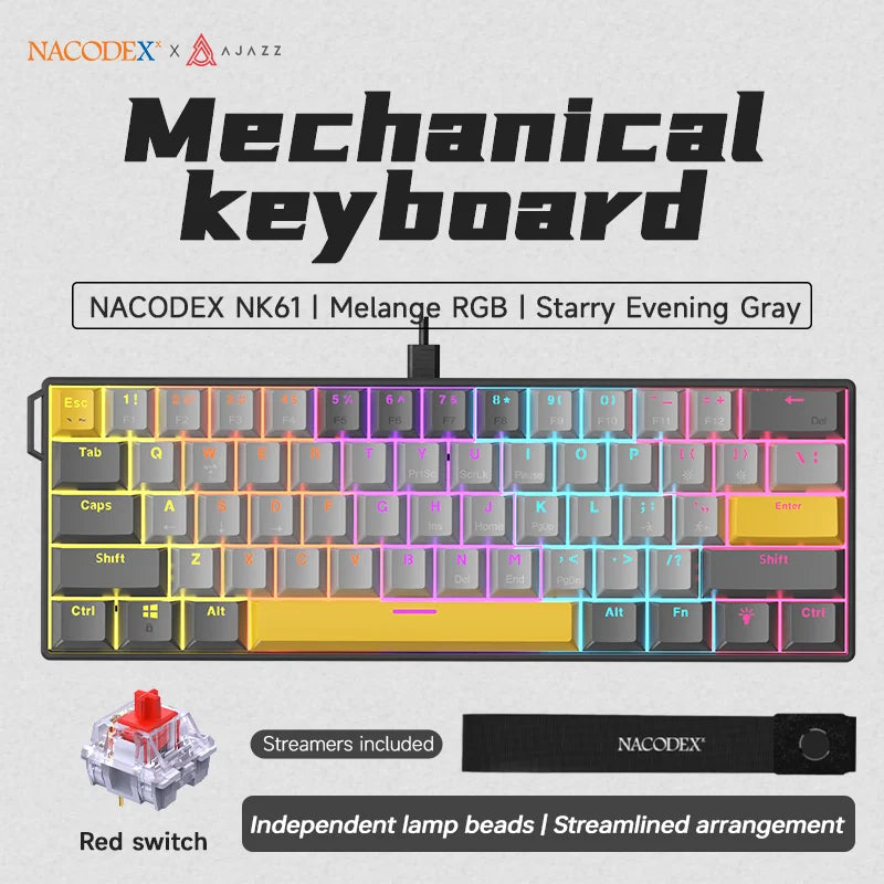 Ajazz nk61 teclado mecânico para jogos com fio 60% rgb hot-swappable 61 teclas interruptor vermelho mini teclado para gamer pc