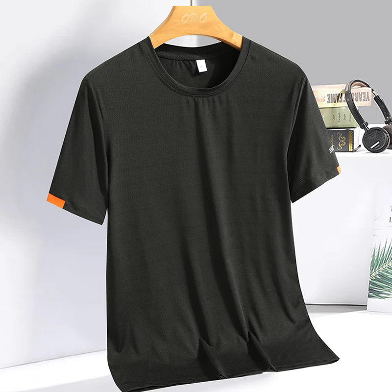 Verão masculino gelo seda camiseta moletom em torno do pescoço simples correndo terno de fitness fino respirável secagem rápida t
