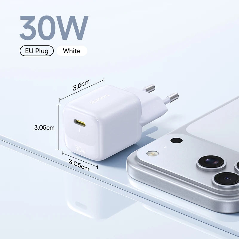 Carregador Baseus 30W GaN PD Carregador Rápido PD3.0 QC3.0 para Celulares e Tablets Tipo C