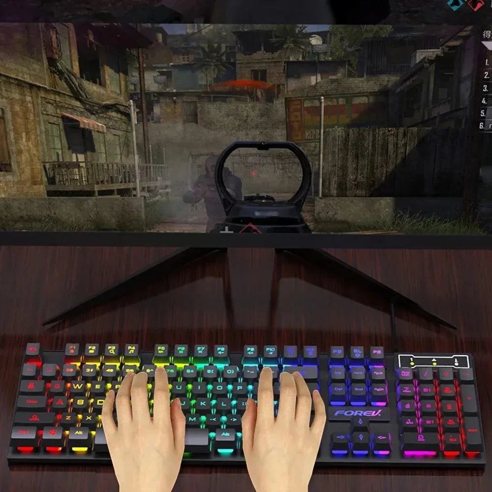 Teclado mecânico retroiluminado kebidumei com 104 teclas, teclado para jogos com fio, conjunto de teclado e mouse luminosos para jogadores, pc, laptop, escritório