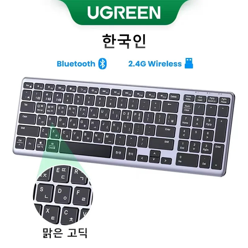 UGREEN-Teclado sem fio Bluetooth 5.0, russo, coreano, EN 99 Teclas para MacBook, iPad, PC, Tablet, USB C, Recarregável, 2.4G