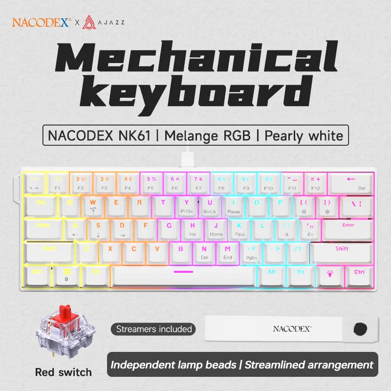 Ajazz nk61 teclado mecânico para jogos com fio 60% rgb hot-swappable 61 teclas interruptor vermelho mini teclado para gamer pc
