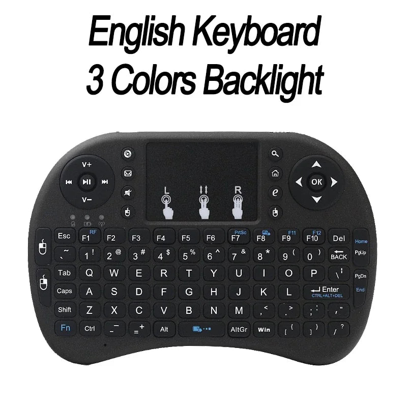 Mini teclado sem fio 2.4ghz, retroiluminação, inglês, russo, espanhol, mouse remoto, touchpad para android, caixa de tv, computador digital i8